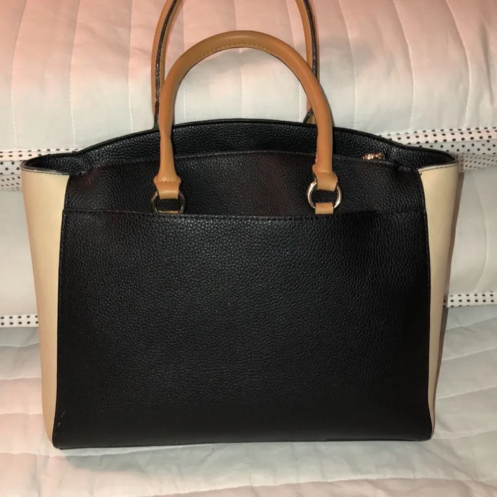 nanette lepore Darryl Color Block Black Camel Ivory Faux Leather Satchel